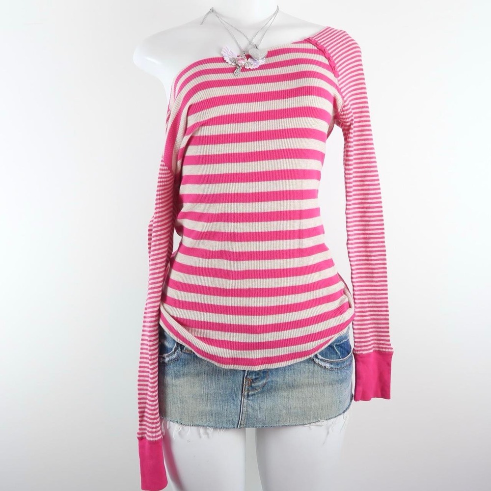 y2k pink white striped fitted off the shoulder long sleeve shirt 2000s